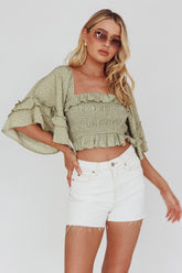 Boardwalk Bell Sleeve Crop Top Spotty Sage